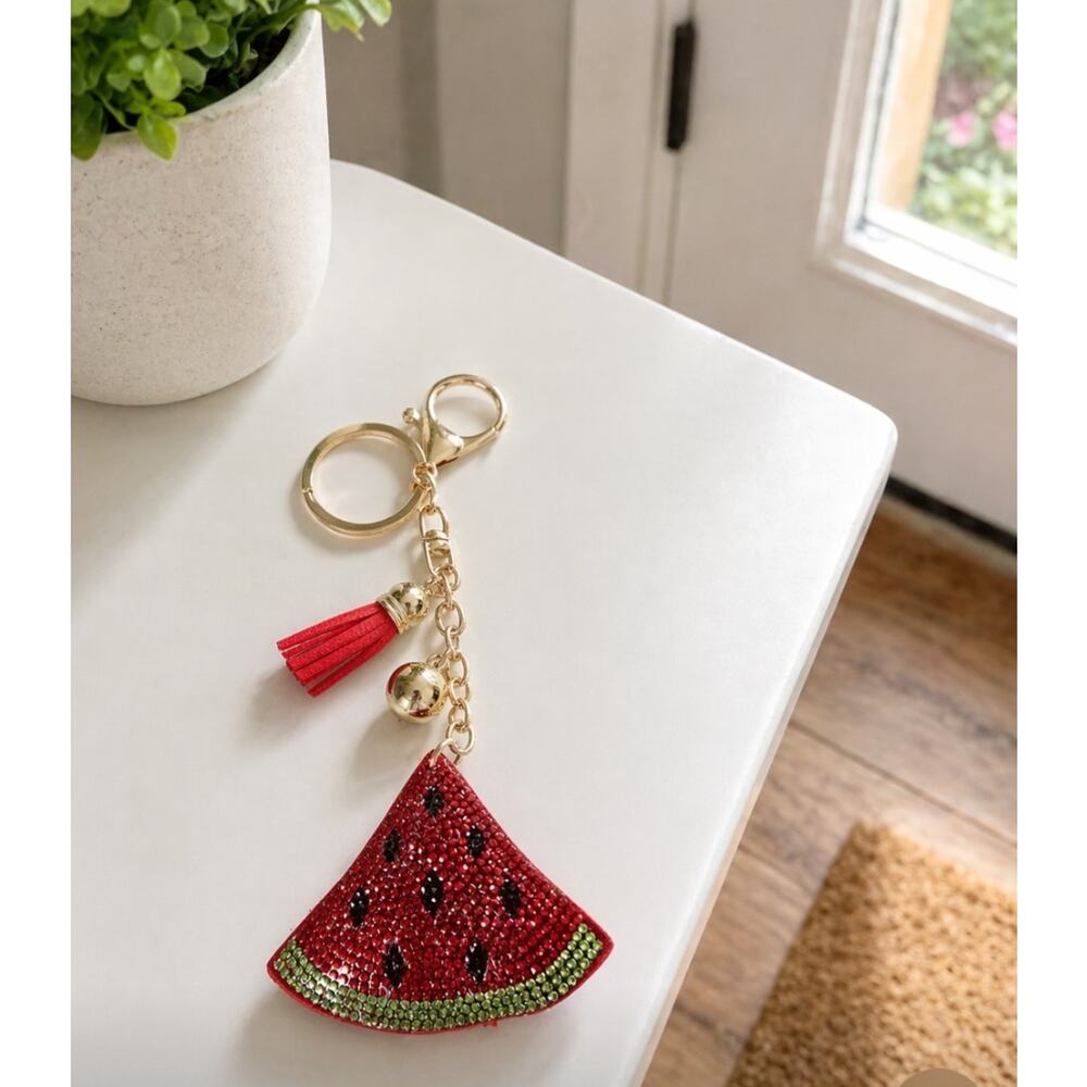 Gold Red Rhinestone Watermelon Slice Bag Charm New